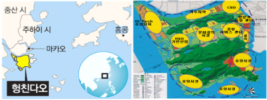 헝친다오 지도상 위치 및 개발 예정 설계 사진