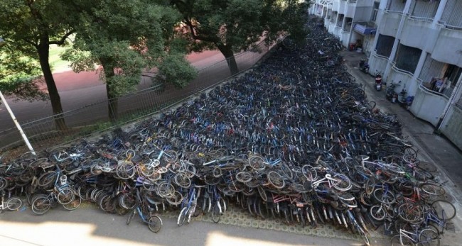 중국 후난성 한 고등학교 운동장 옆에 생겨난 '자전거 무덤'
