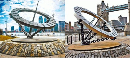 왼쪽은 철거된 해시계, 오른쪽은 런던의 Timepiece, 출처: 人民网